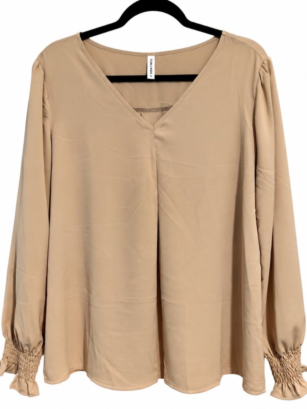 Funlingo Women’s XL Beige V Neck Blouse Long Sleeve Smocked Ruffle Cuff Top